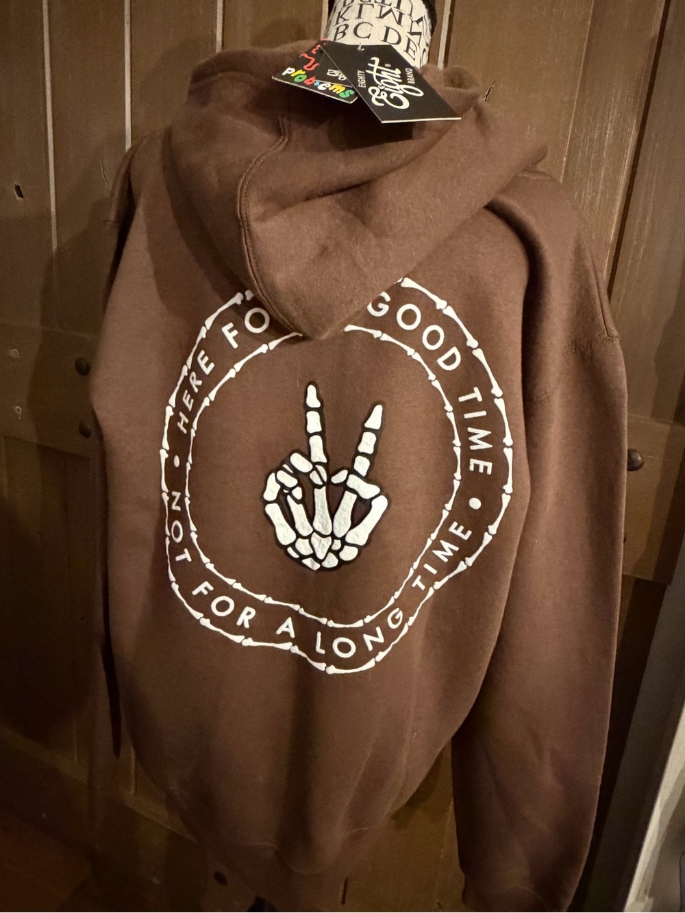 Eighty Eight Brown Hoodie with White Skeleton Peace Graphic New